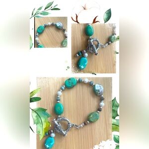 Green turquoise bracelet with big stainless steel round heavy toggle closure
